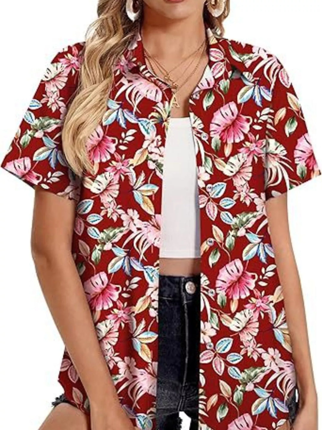 Red Tropical Tropical hibiscus print short sleeve button-up shirt