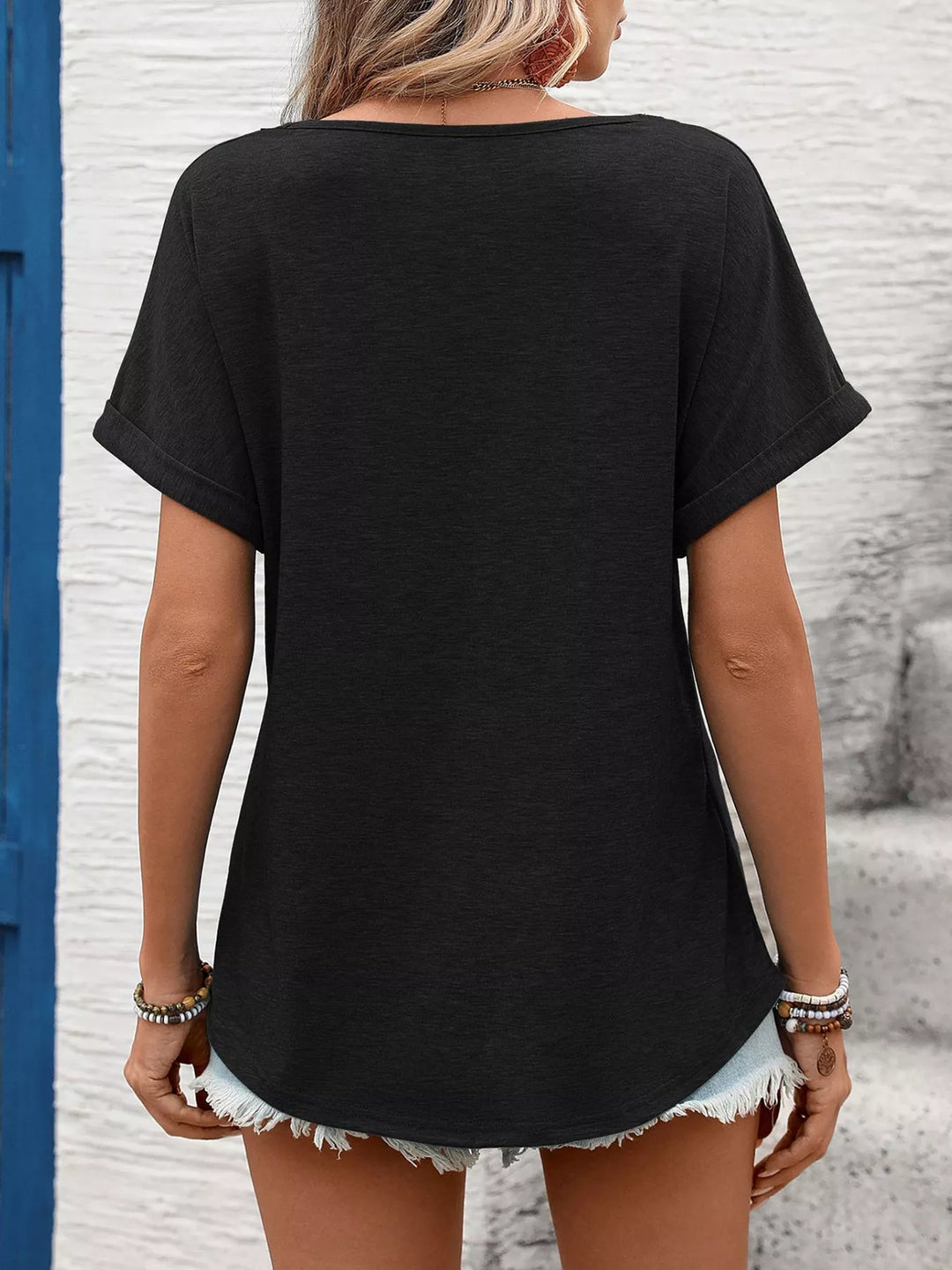 Lace-trim V-neck short sleeve top with rolled cuffs