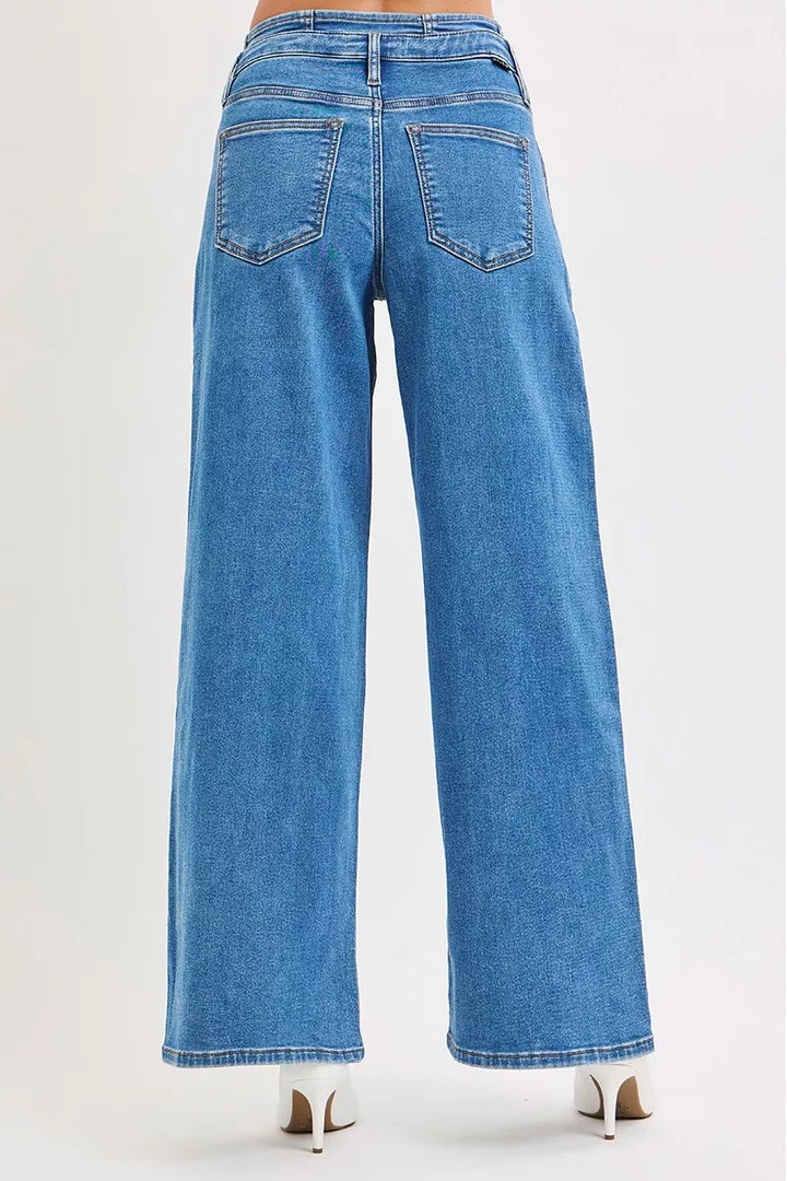 Pleated wide-leg mid-rise jeans with button waist