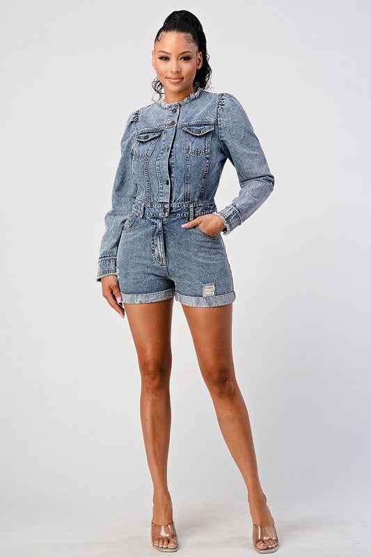 Emmeline Structured Denim Romper in DENIM - mock neck, denim - alternate view