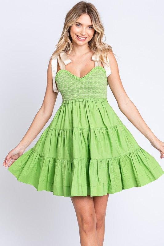 Enchanted Garden Sweetheart Babydoll Mini Dress in Lime Green - mini, smocked - view 12
