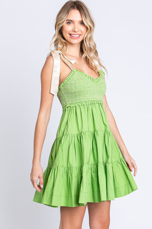 Enchanted Garden Sweetheart Babydoll Mini Dress in Lime Green - mini, smocked - alternate view