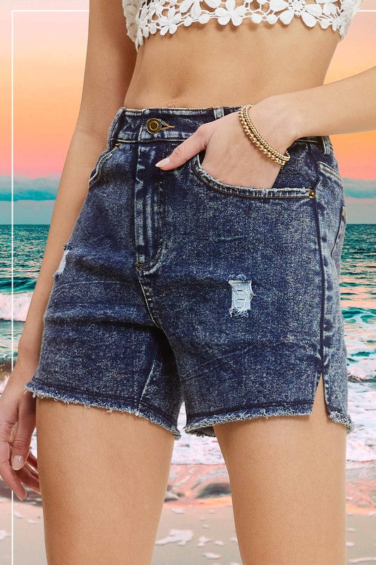 Esmee Washed Denim Shorts With Side Slit Detail - denim, solid - view 5
