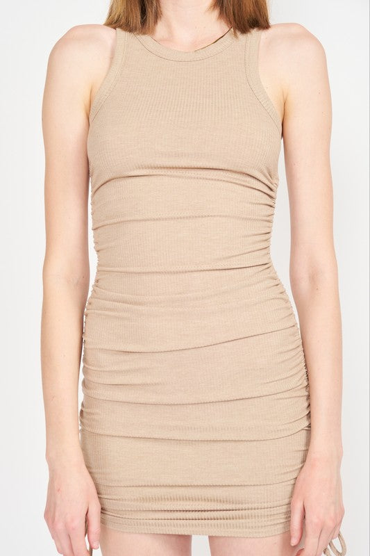 Evelyn Racer Neck Ruched Mini Dress in TAUPE - oversized, mini - view 35