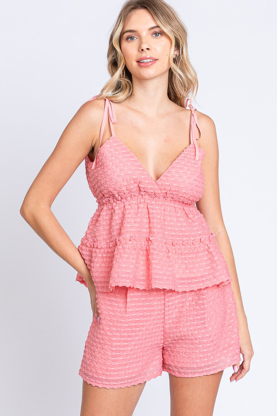 Evelyn Tiered Textured Bralette Cami Top in Pink - cropped, mini - front view
