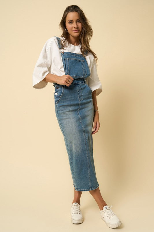 Everly Stretch Denim Overall Maxi Skirt in DENIM BLUE - turtleneck, maxi - front view