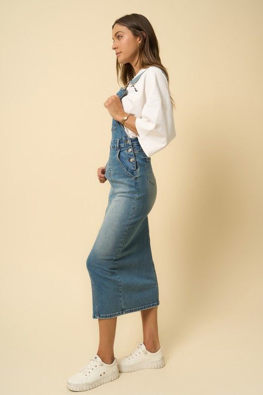 Everly Stretch Denim Overall Maxi Skirt in DENIM BLUE - turtleneck, maxi - view 4