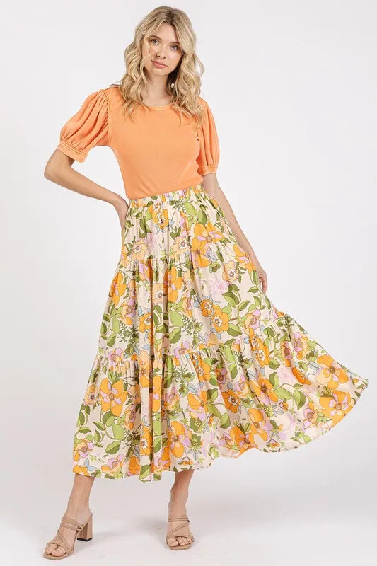 Retro floral print tiered midi skirt with elastic waistband