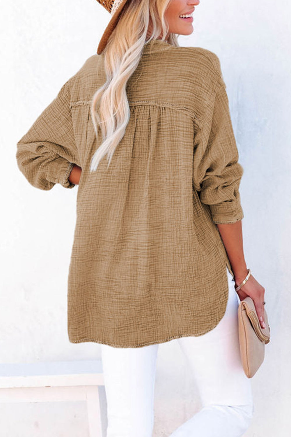 Textured cotton blouse with half-button placket and long sleeves