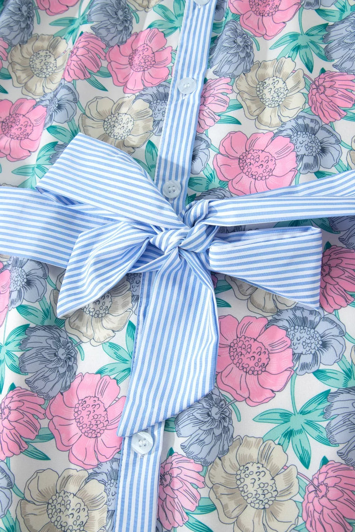 Floral print striped contrast trim belted mini dress
