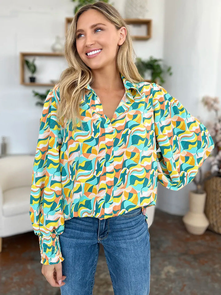 Abstract print smocked balloon sleeve blouse