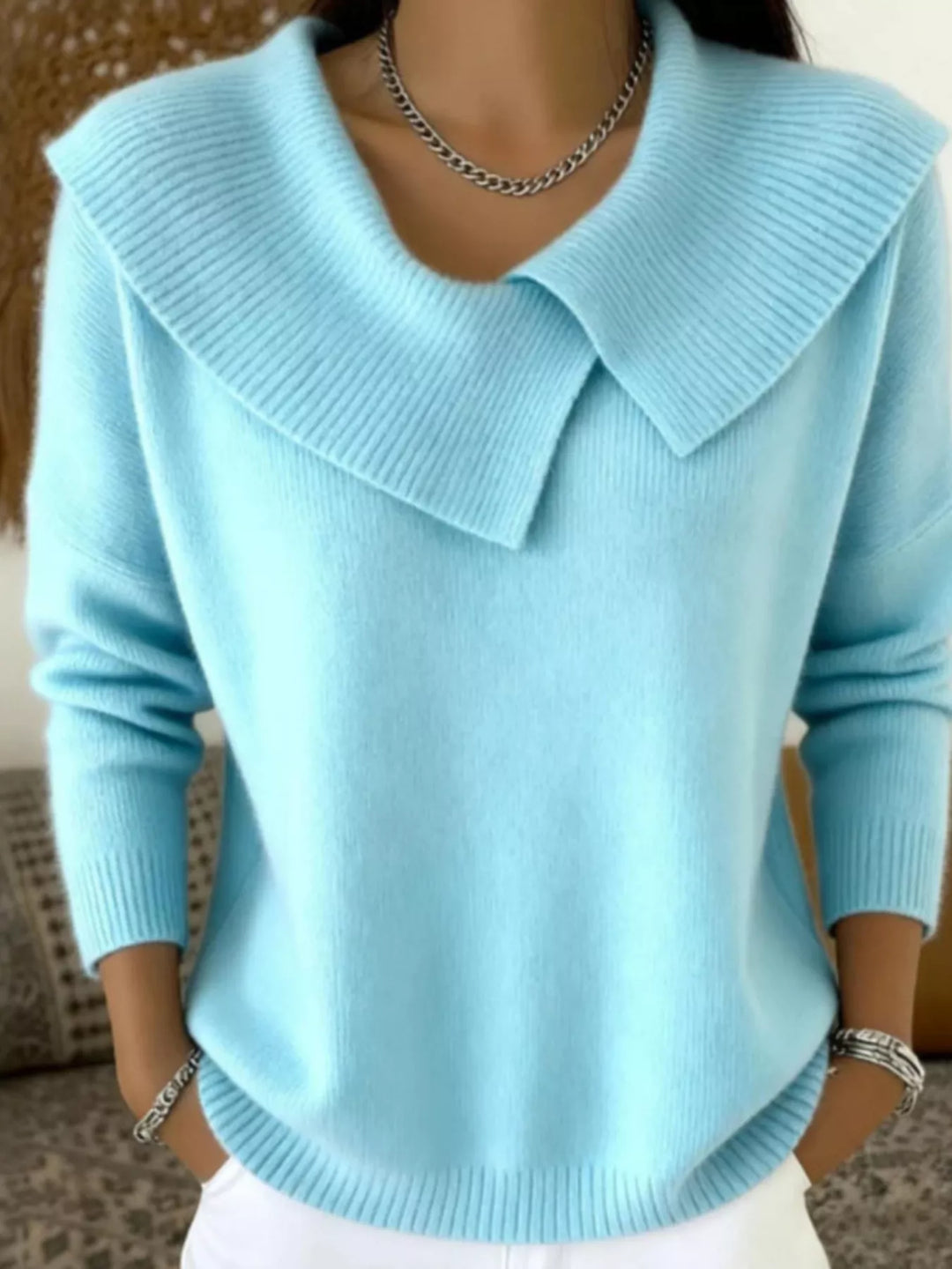 Sky Blue Oversized wide-collar ribbed knit sweater