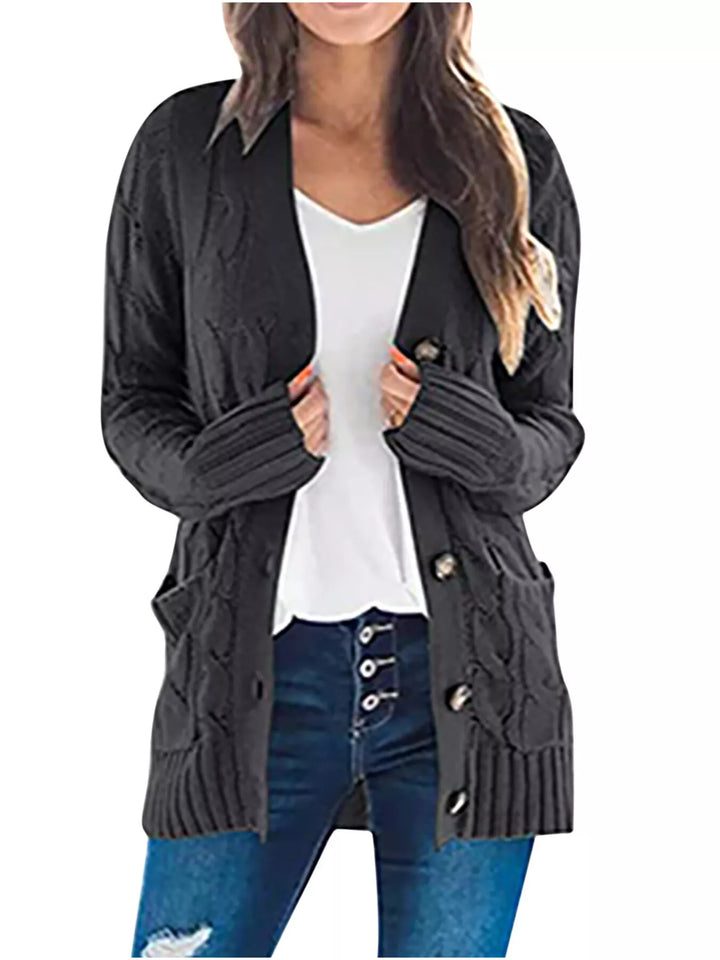 Black Chunky cable knit button-down cardigan with pockets