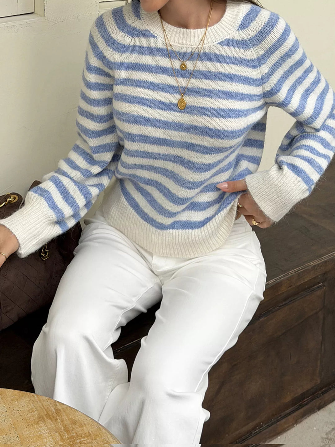 Brushed wool-blend striped sweater with curved split hem