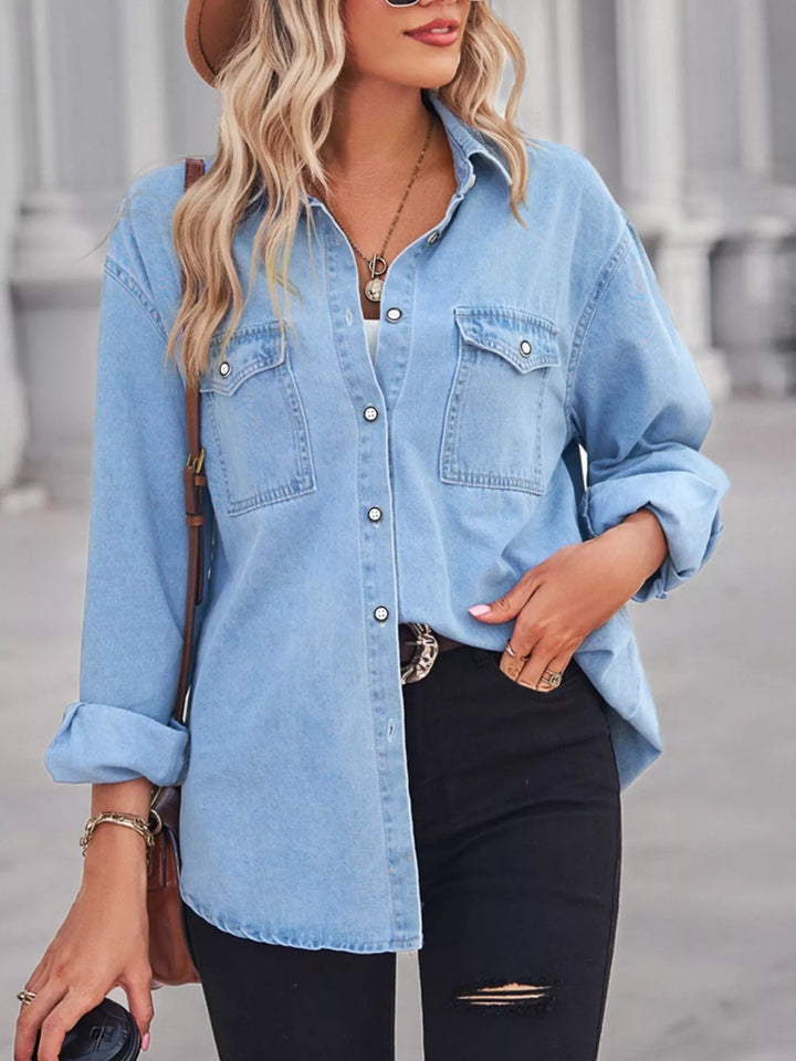Washed denim button-down shirt with chest pockets