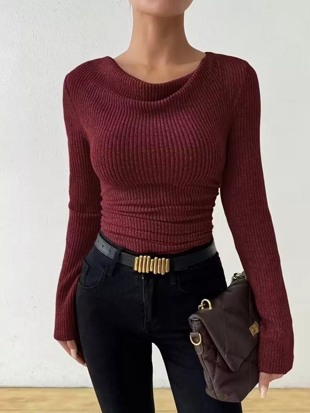 Ruched cowl neck ribbed knit long sleeve top