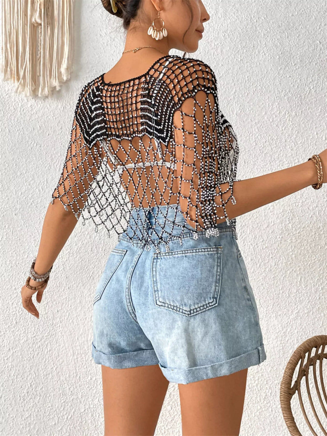 Beaded crochet v-neck open-weave cover-up