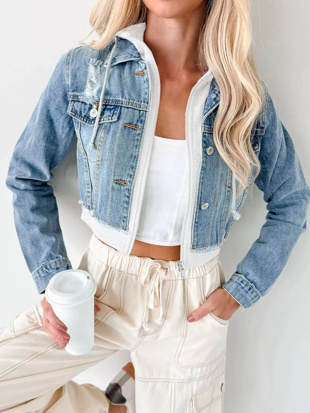 Dark Blue / White Distressed cropped hooded denim jacket with zip front