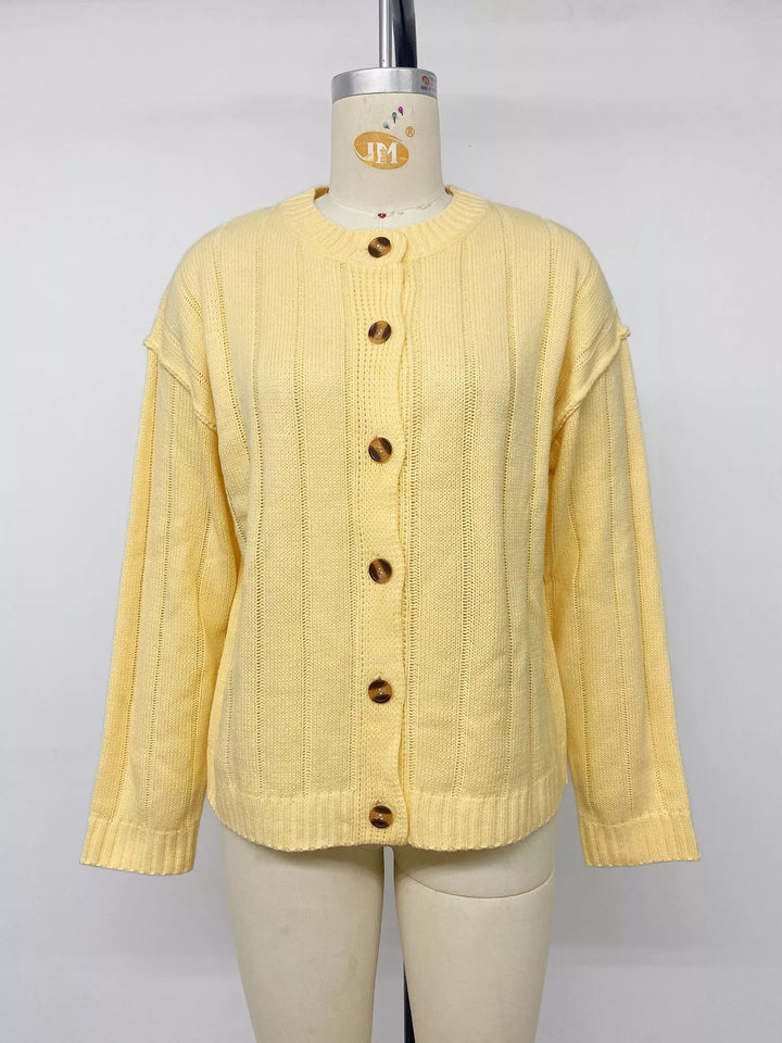 Ribbed knit button-front cardigan with dropped shoulders