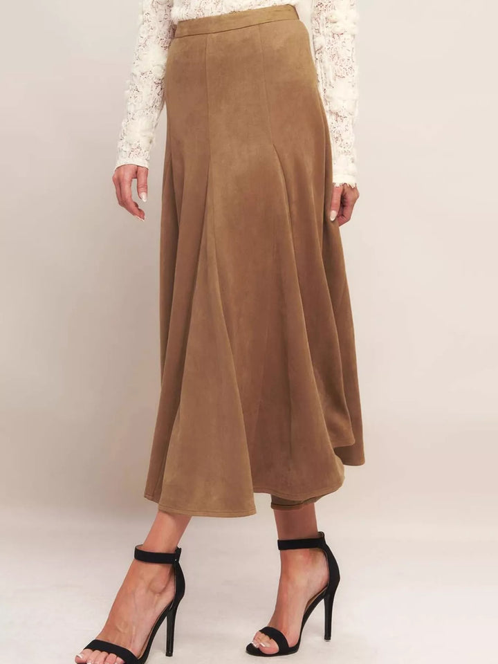 Flowy high-waist A-line midi skirt in suede-touch fabric