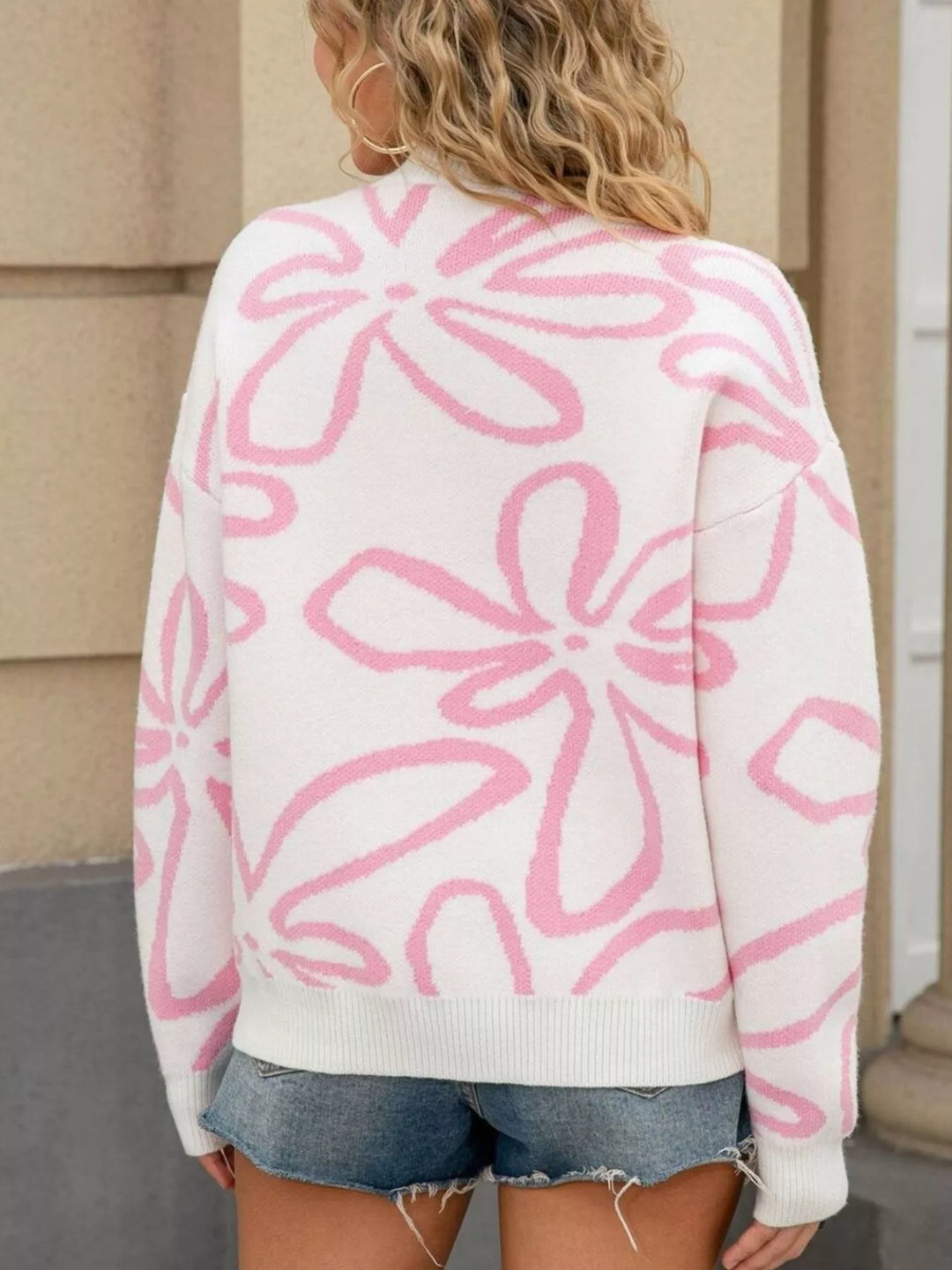 Floral print crew neck knit sweater with ribbed trim
