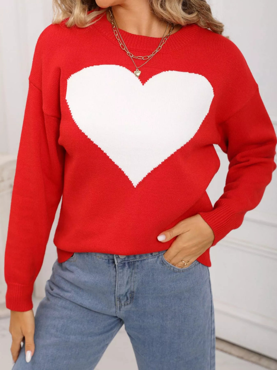 Heart intarsia dropped-shoulder crewneck sweater