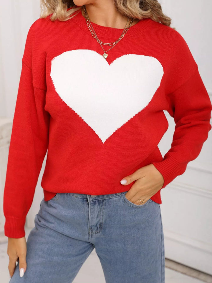 Heart intarsia dropped-shoulder crewneck sweater