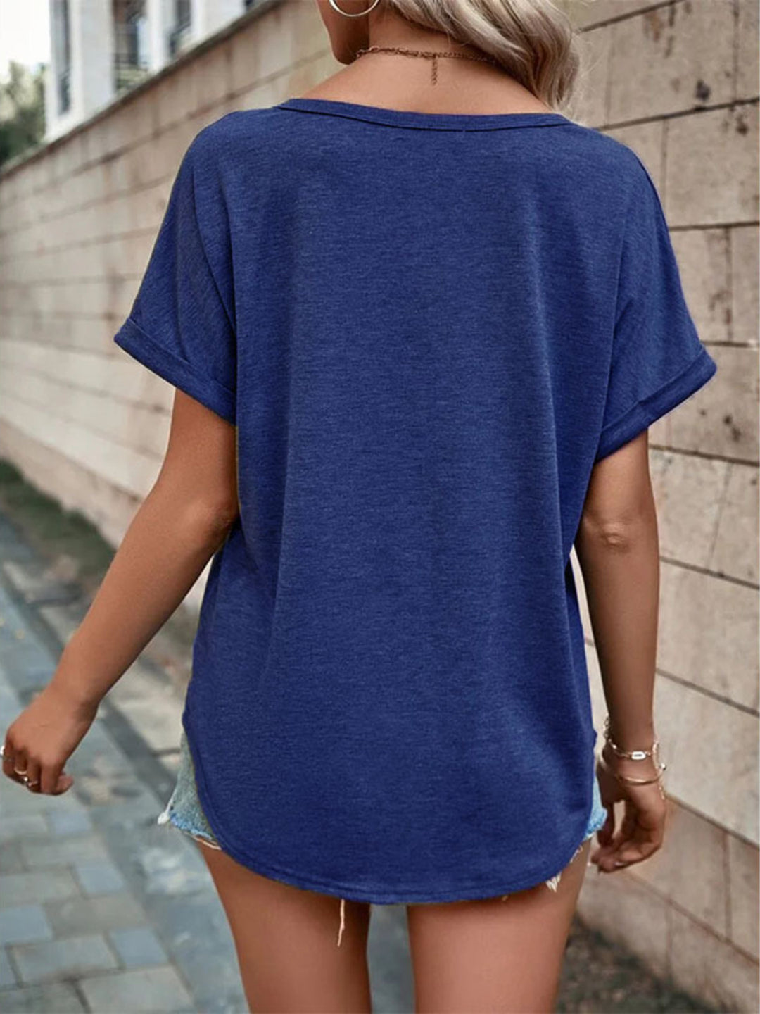 Decorative button-front notch neck short sleeve tee