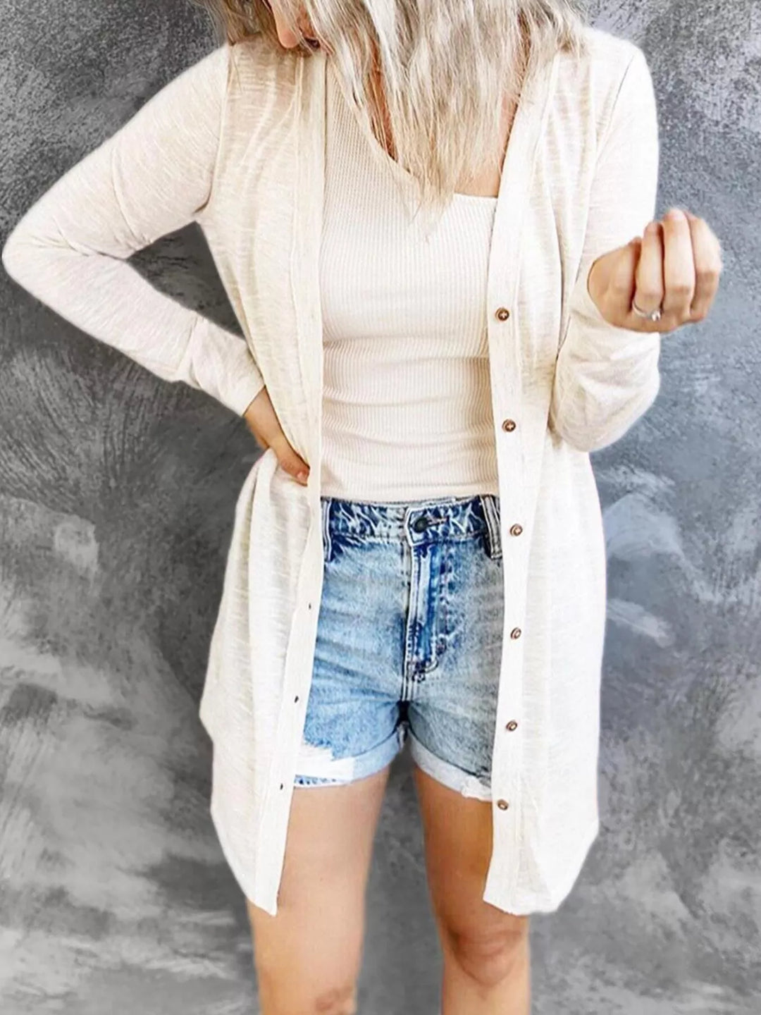 White Lightweight button-front longline open knit cardigan