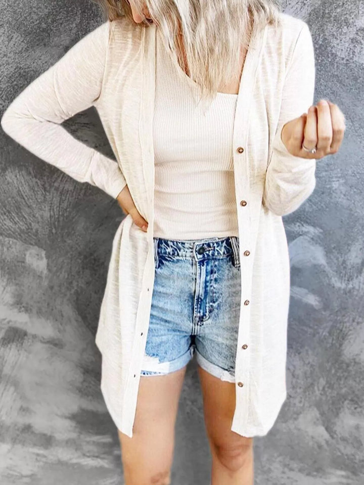 White Lightweight button-front longline open knit cardigan