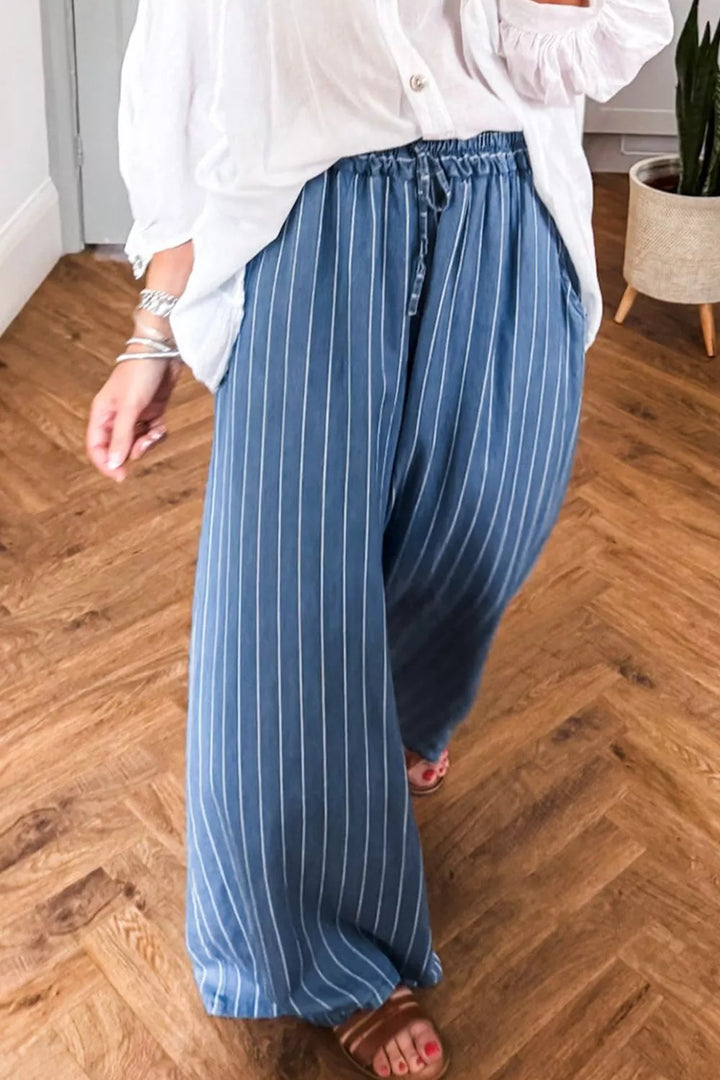 Striped chambray wide-leg pants with drawstring waist