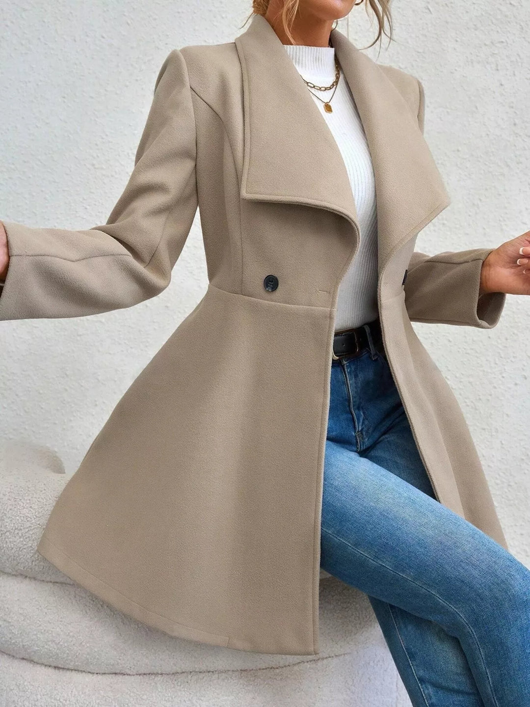Wide lapel double-breasted flared coat with button tabs
