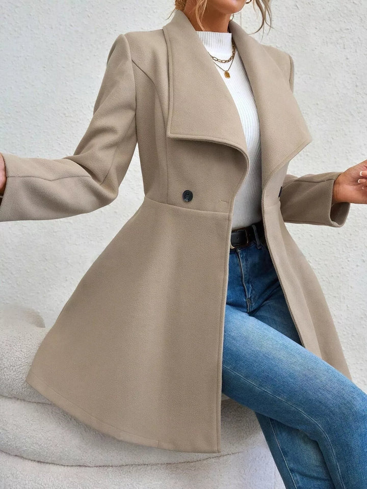 Wide lapel double-breasted flared coat with button tabs