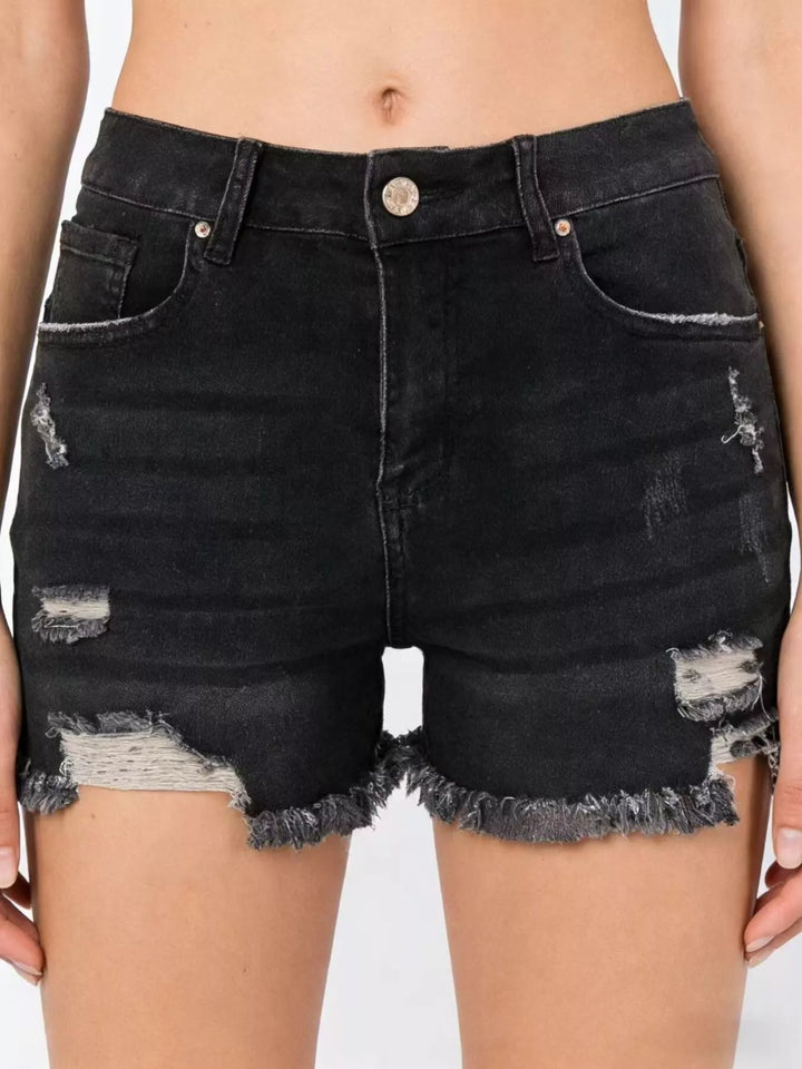 Black Distressed high-rise denim shorts with frayed raw hem