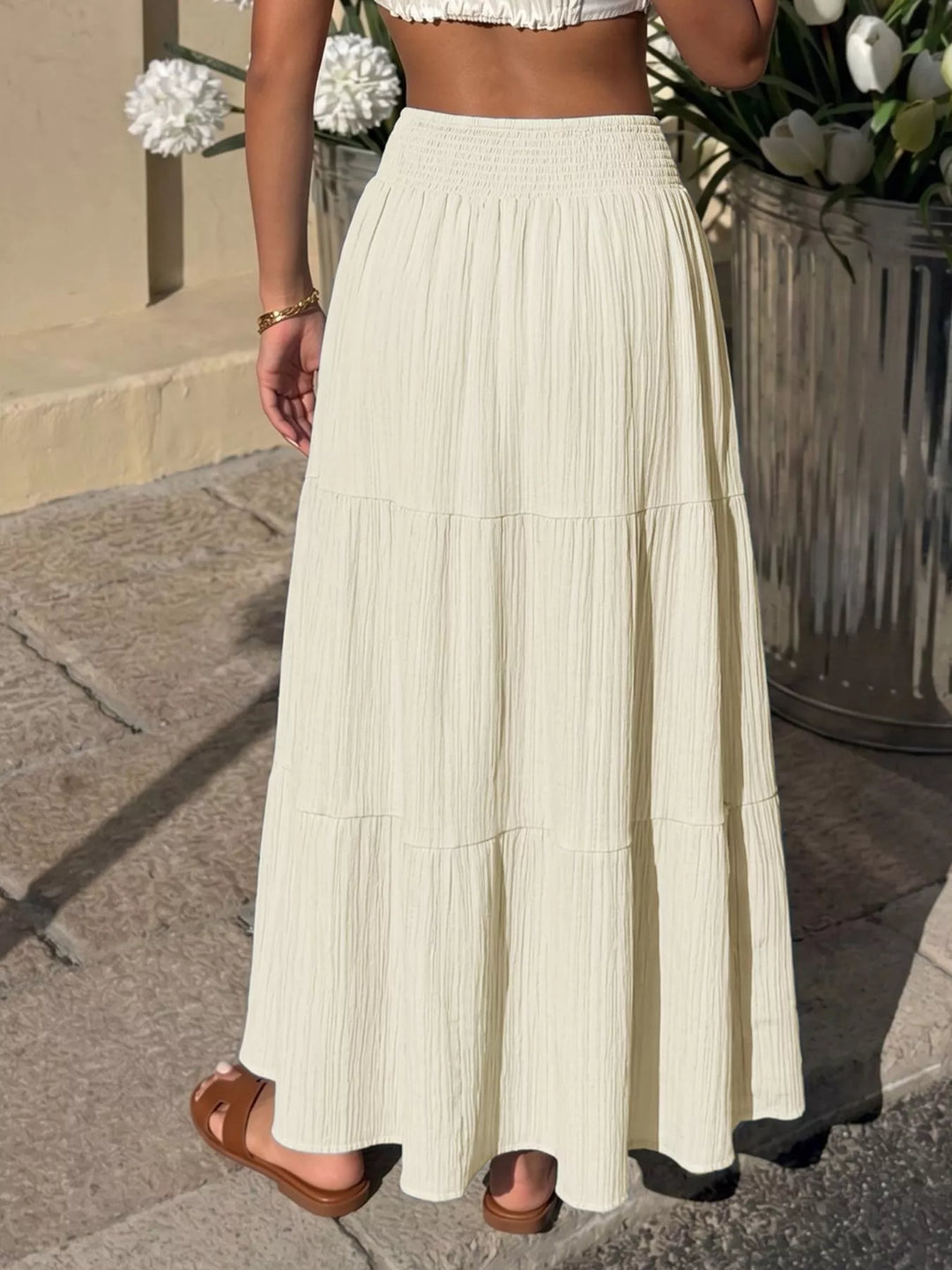 Tiered crinkle maxi skirt with smocked waist
