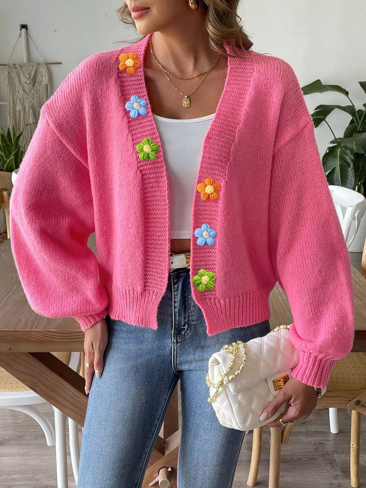 Floral applique open front knit cardigan with ribbed trim