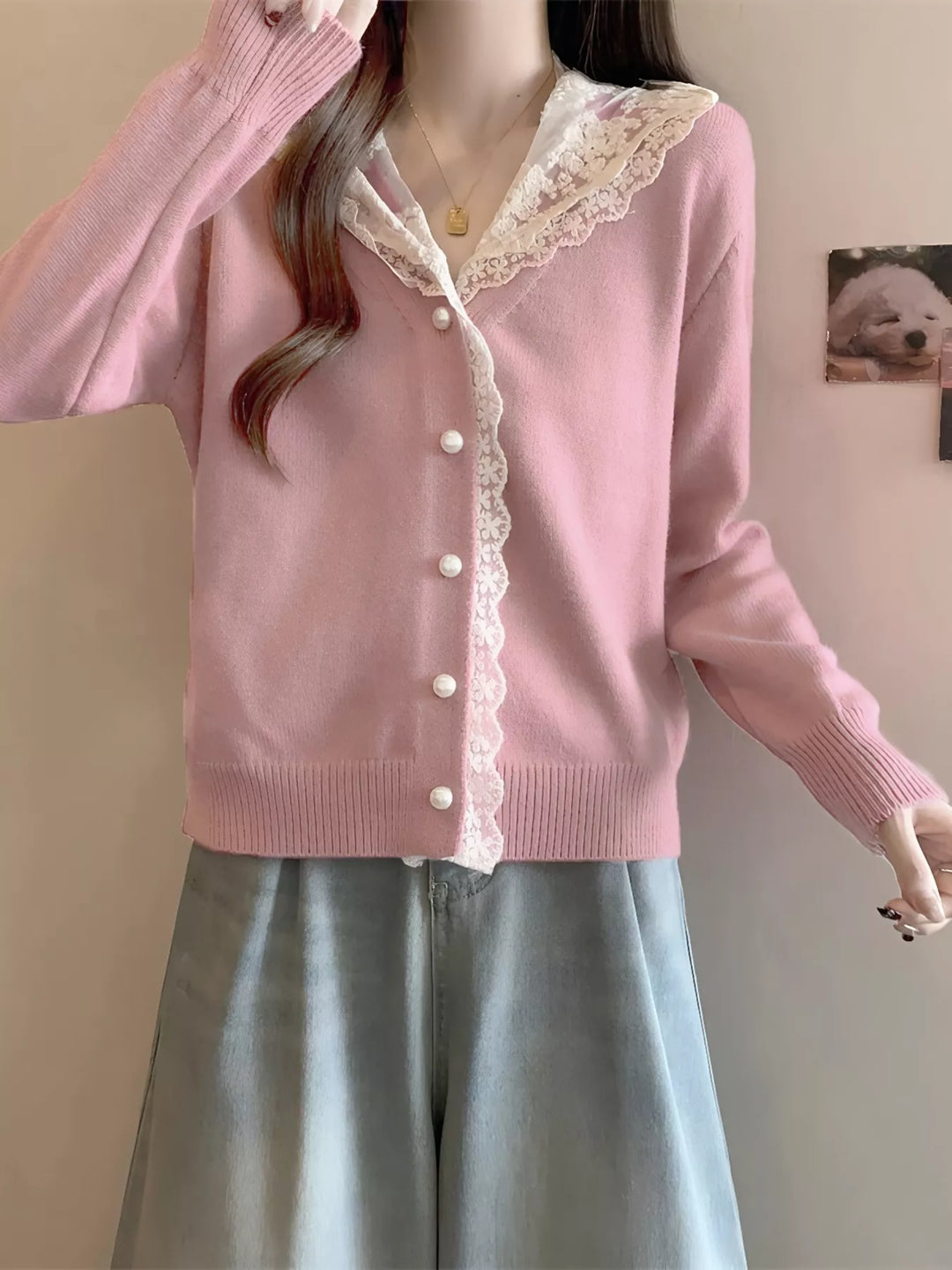 Pink Lace collar knit cardigan with pearl buttons