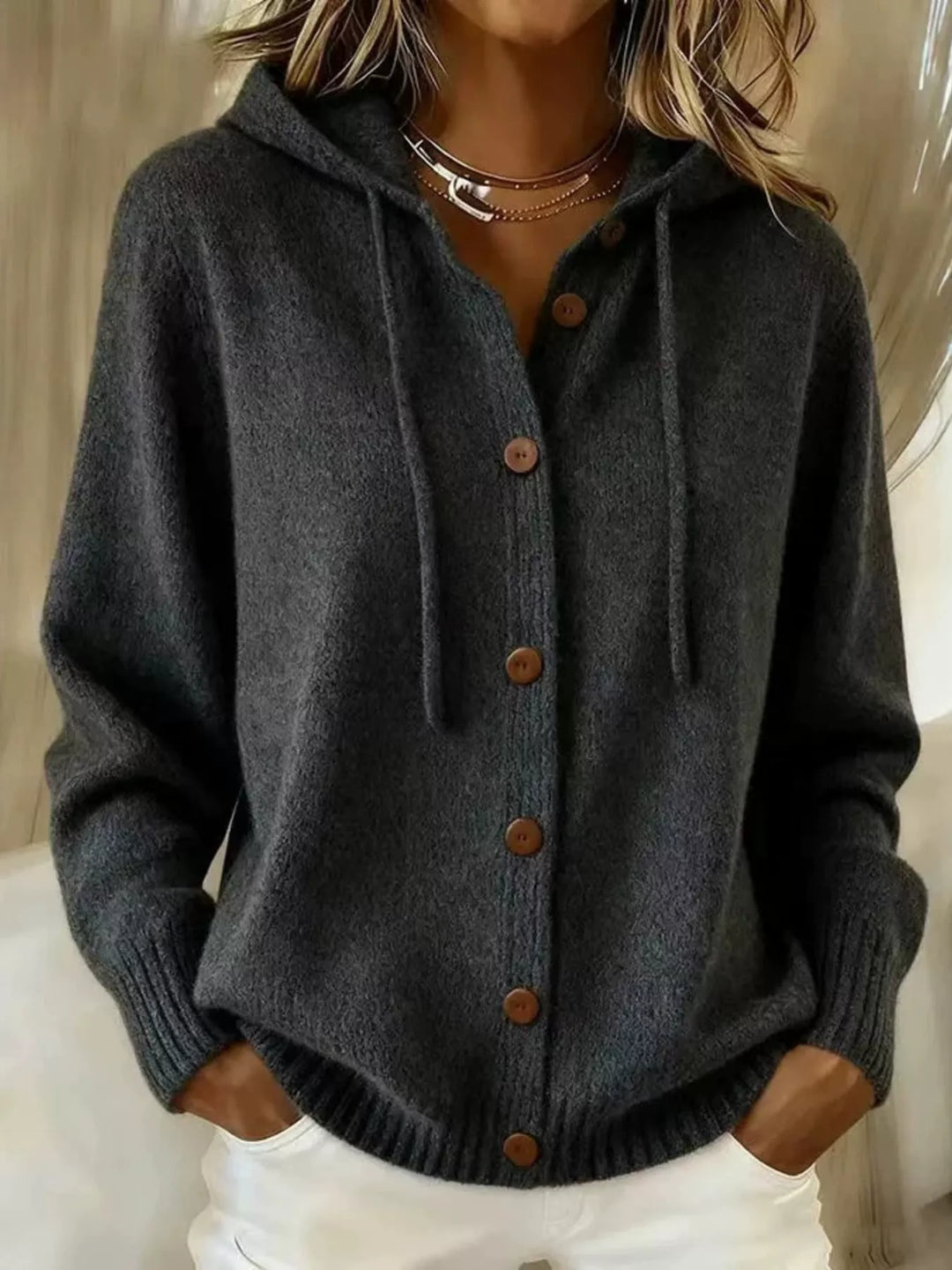 Black Hooded button-down knit cardigan with drawstring