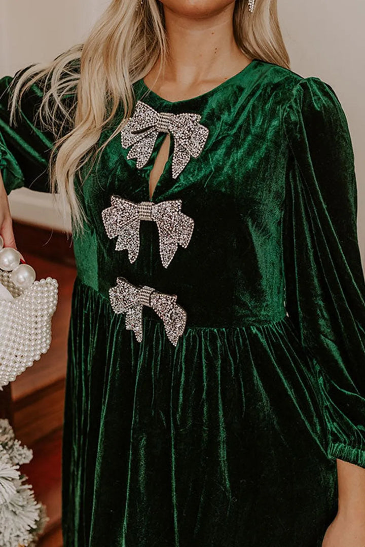 Rhinestone bow velvet mini dress with balloon sleeves