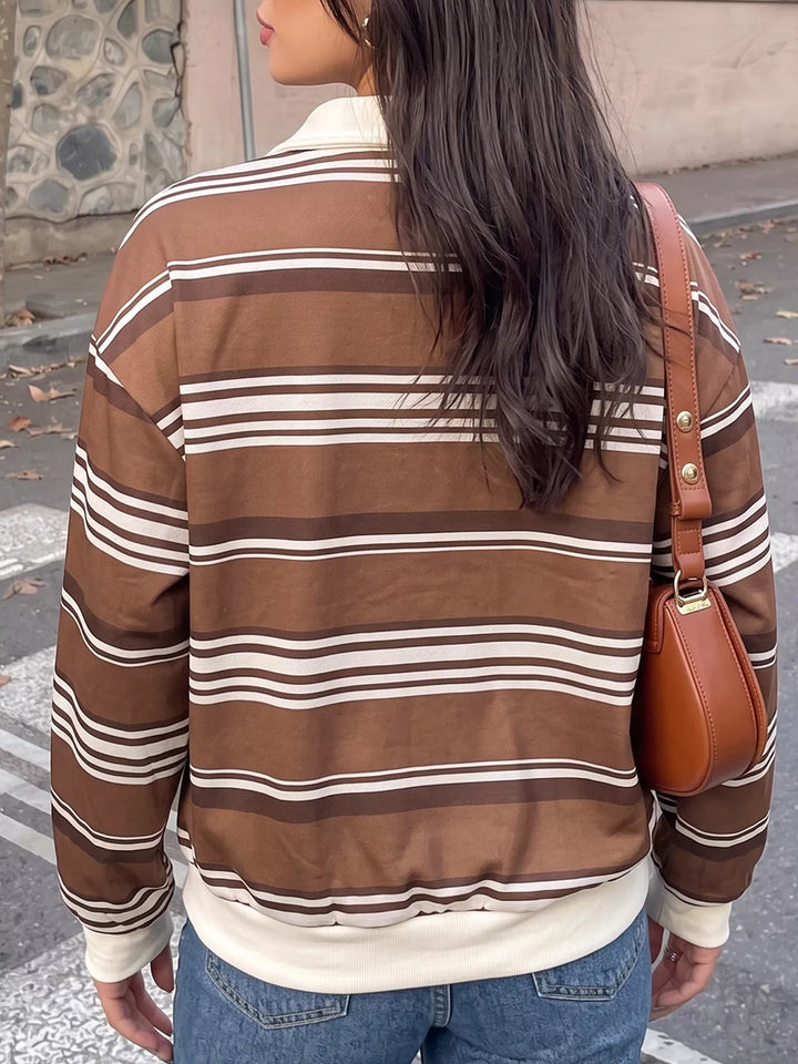 Striped drop shoulder polo sweatshirt with button placket