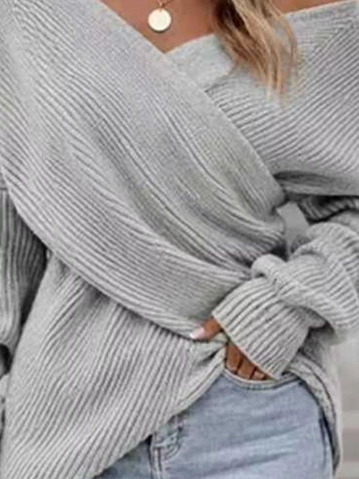 Crisscross wrap front ribbed knit sweater with dolman sleeves