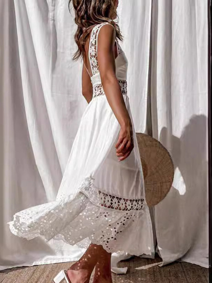 Openwork crochet sleeveless midi dress with eyelet hem