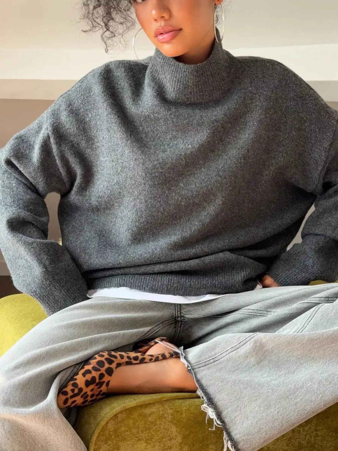 Dark Gray Ribbed mock neck dropped shoulder knit sweater