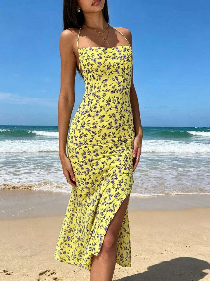 Yellow Floral halter midi dress with backless tie and side slit