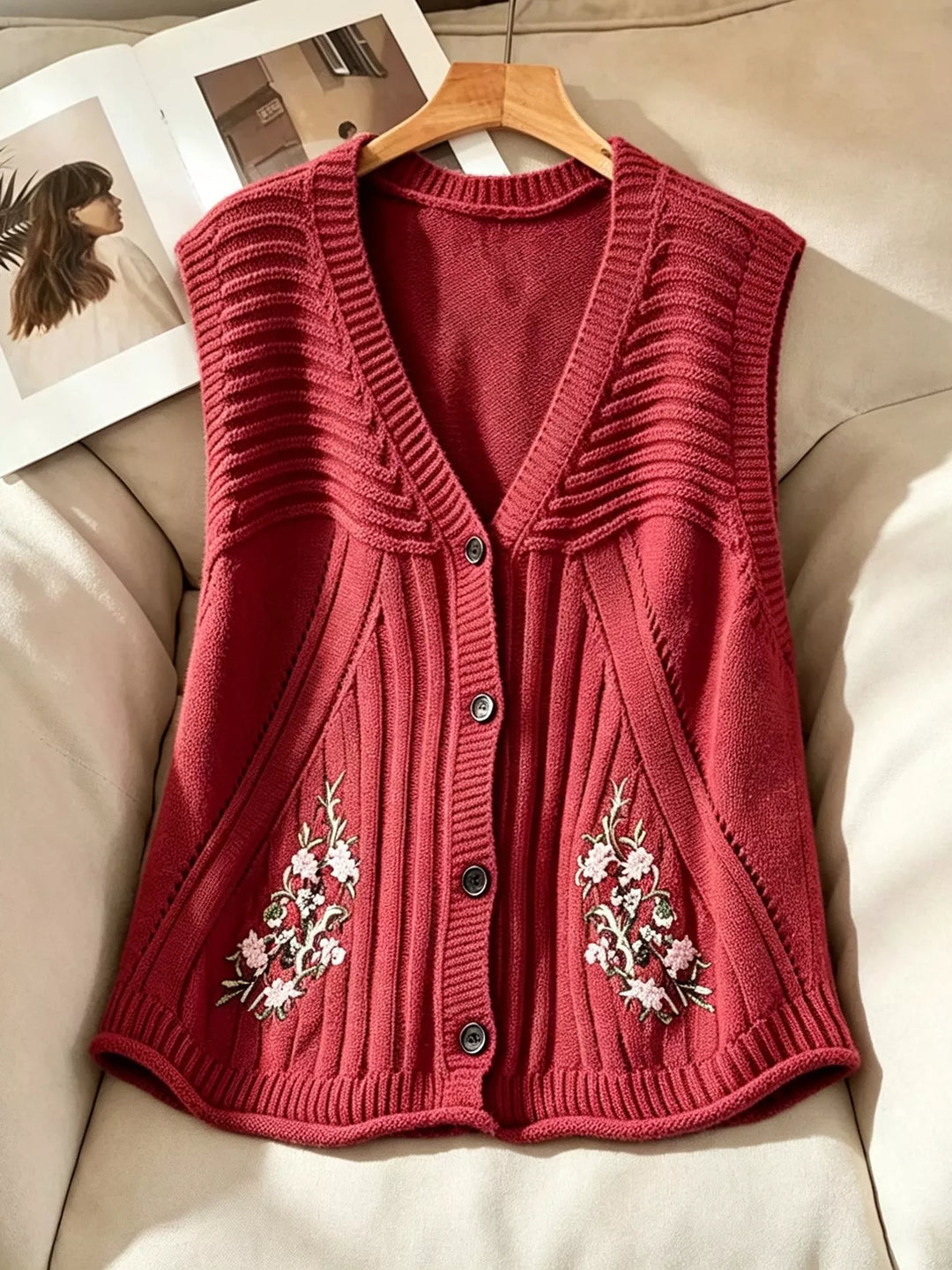 Floral embroidered knit sweater vest with button front