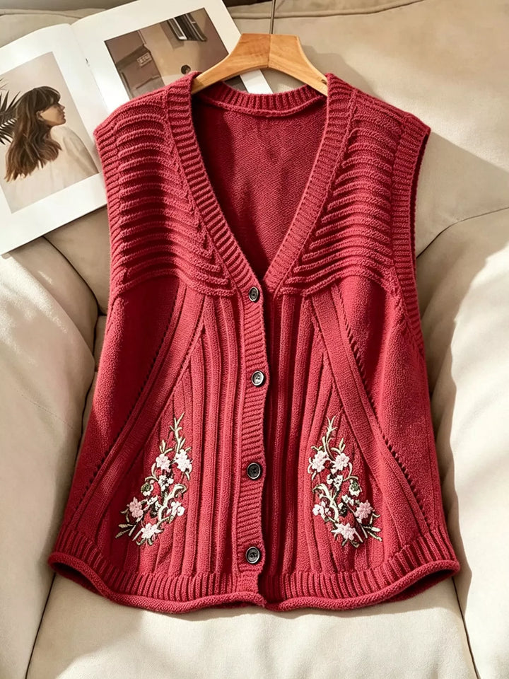 Floral embroidered knit sweater vest with button front