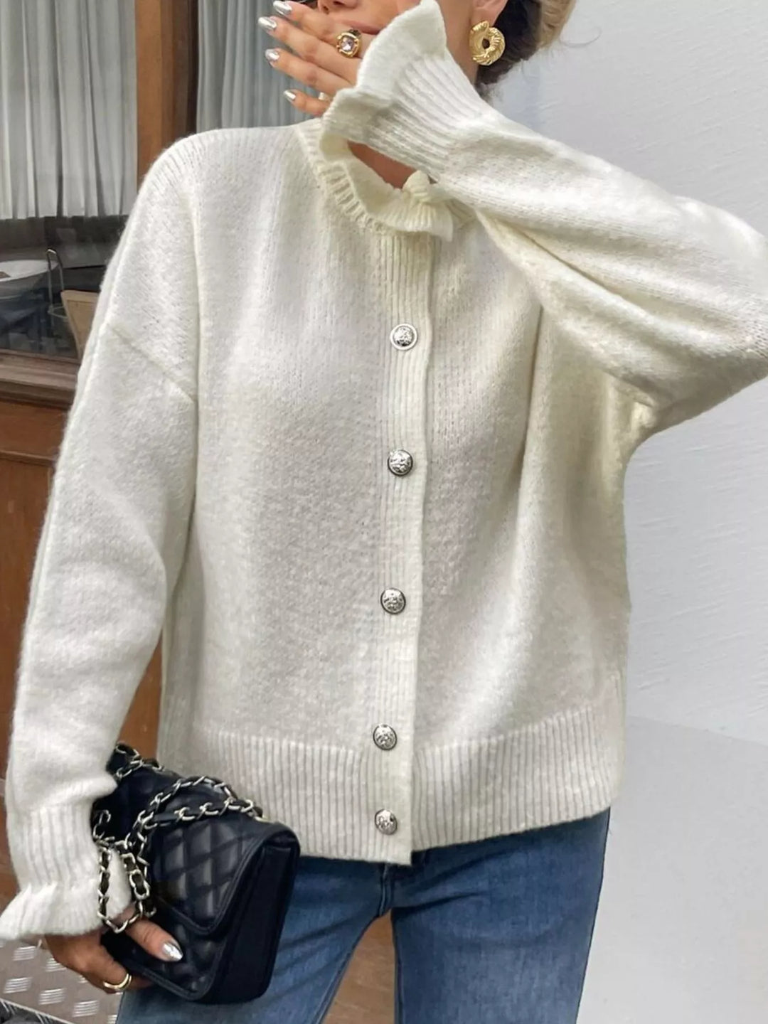 Frill collar button-down knit cardigan with ribbed cuffs