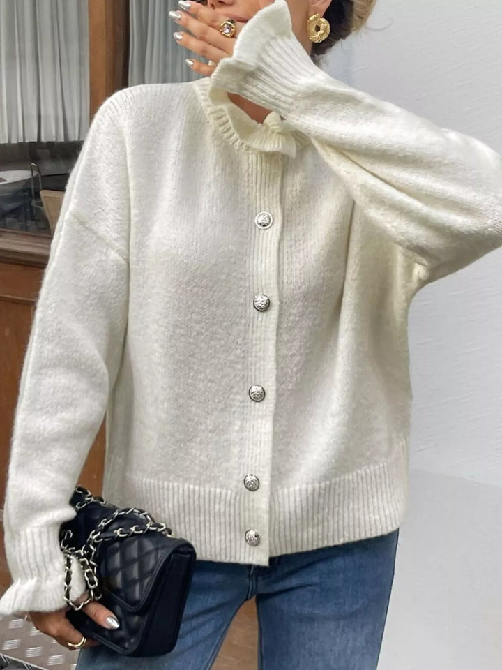 Frill collar button-down knit cardigan with ribbed cuffs