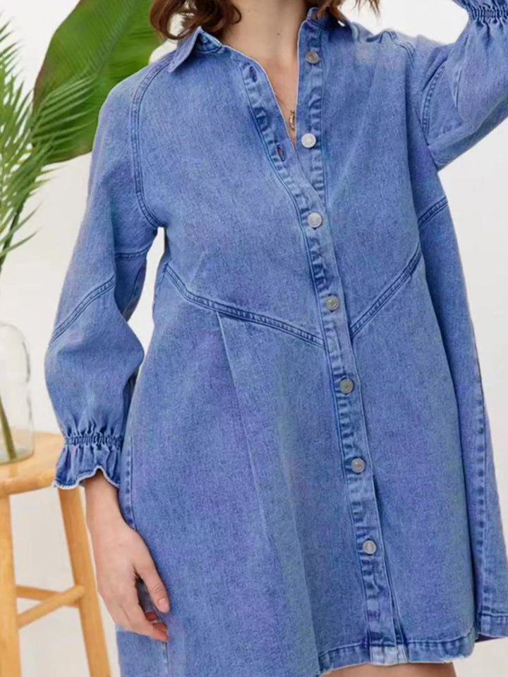 Dusty Blue Long sleeve button-down denim mini shirt dress with ruffled cuffs