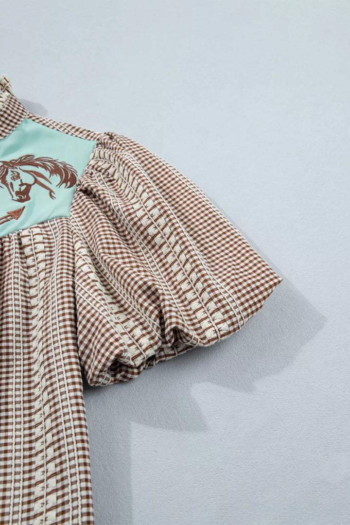 Embroidered horse yoke gingham puff sleeve blouse